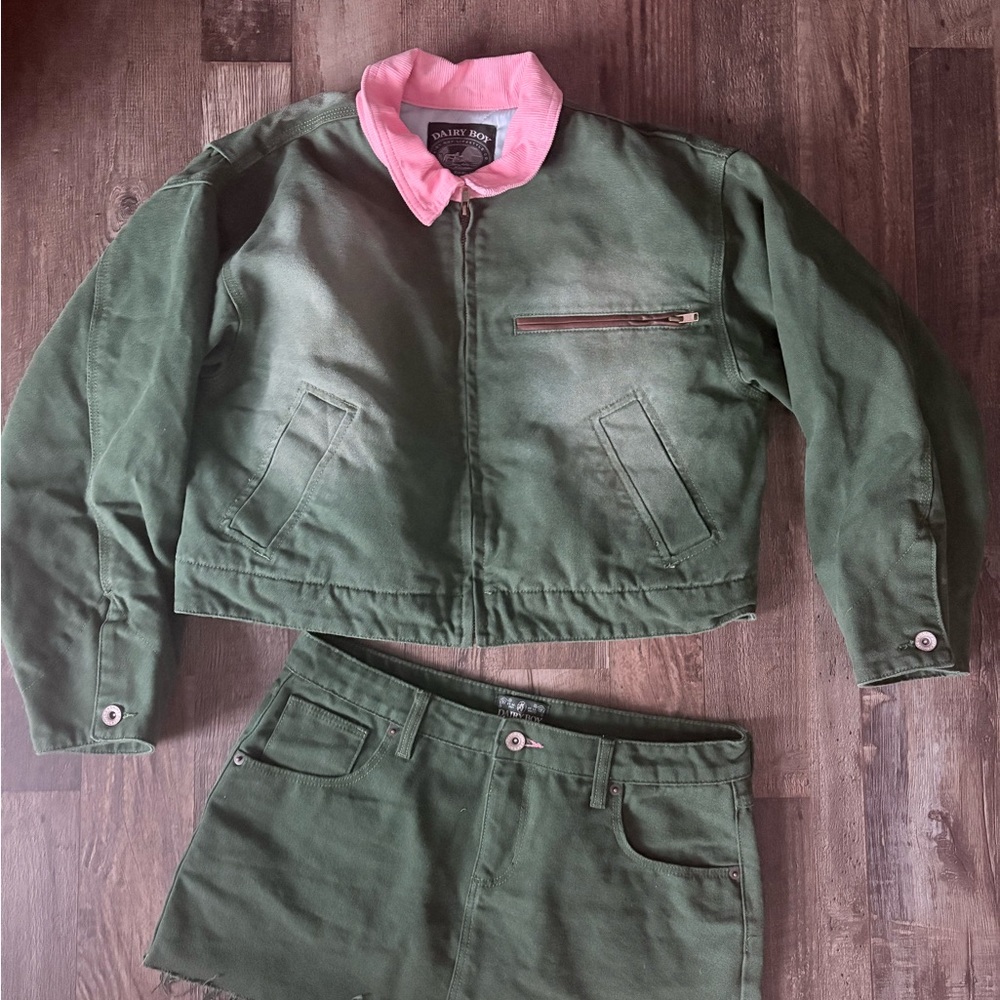 Dairy Boy Barn Jacket + Micro Mini Denim Skirt XS/27 Green